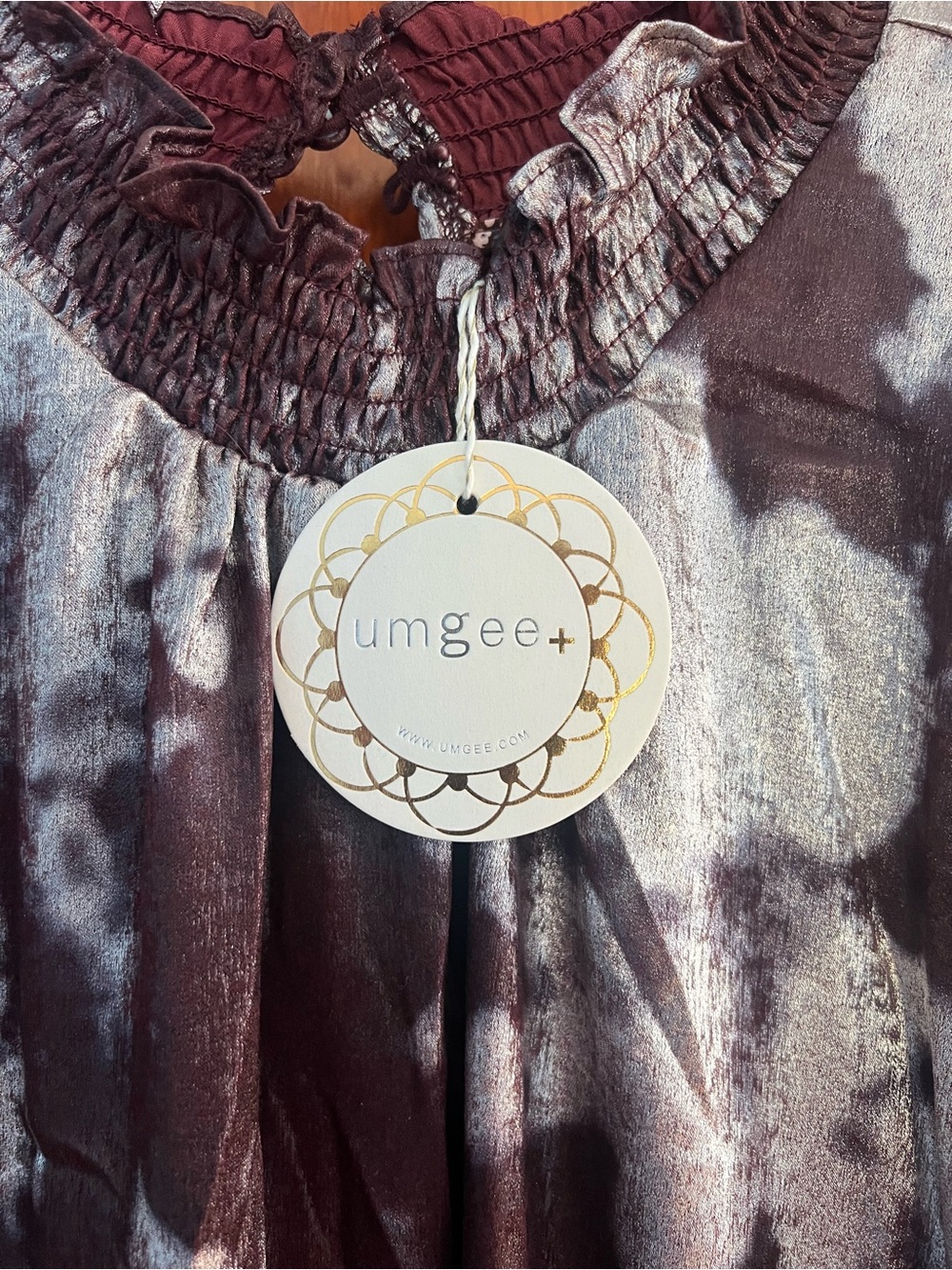 Umgee Maroon and Silver Tie-Dye Smocked Neck Tunic - Picture 3 of 11